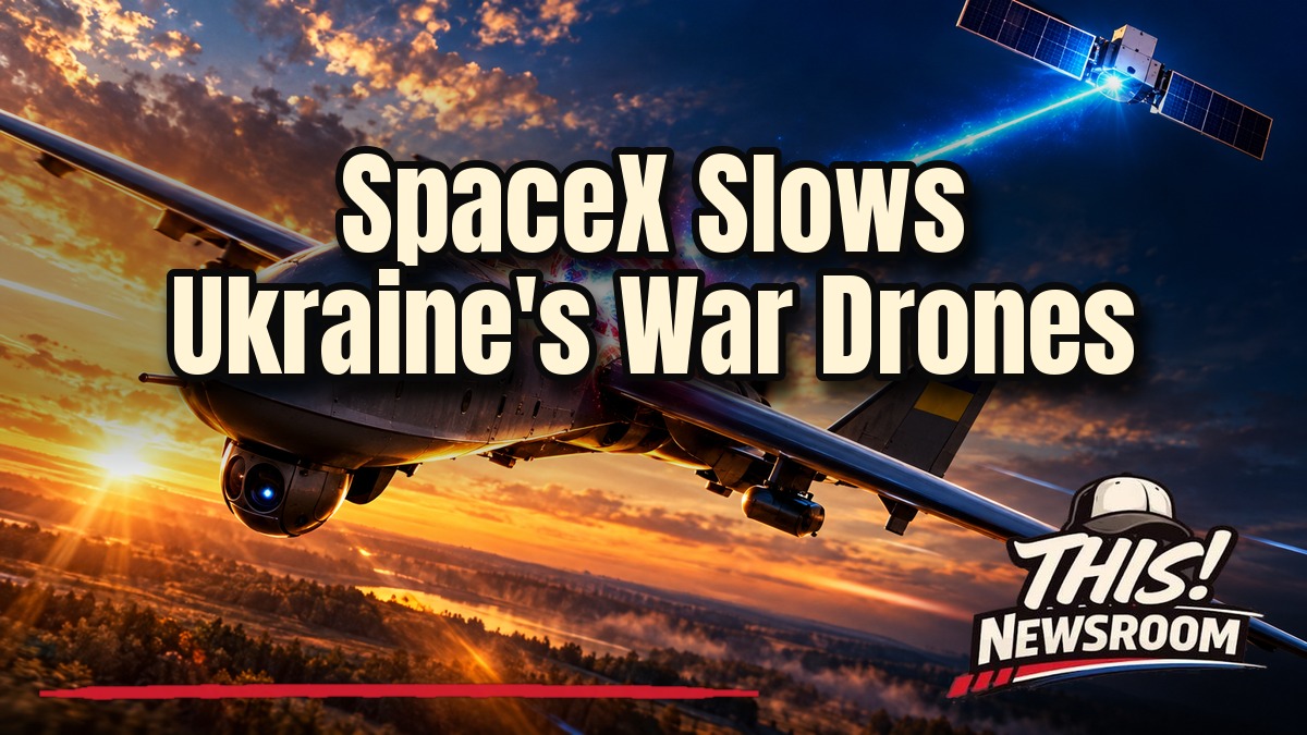 Starlink speed limit cutting the satellite link to a Ukrainian military drone over a battlefield at dusk