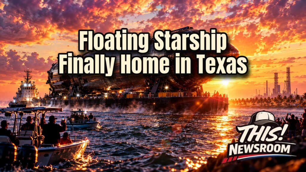 Starship Ship 40 carried on a heavy-lift vessel toward the Texas coast at golden hour