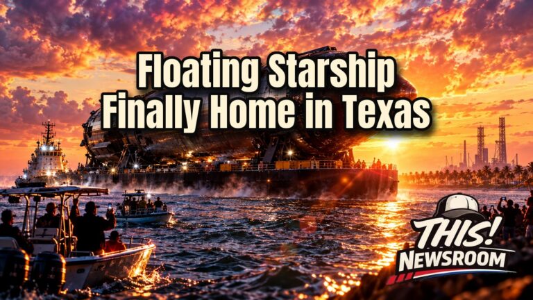 Starship Ship 40 carried on a heavy-lift vessel toward the Texas coast at golden hour