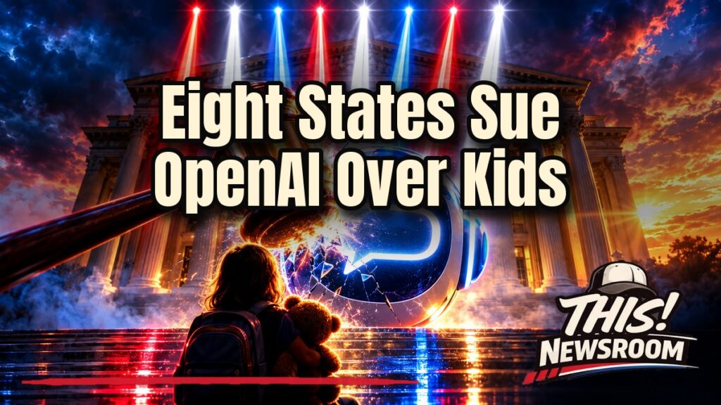 Eight states sue OpenAI as a glowing ChatGPT screen sits in front of a courthouse at dusk