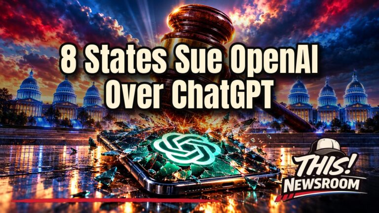 Eight states sue OpenAI as a glowing ChatGPT screen sits before a courthouse and a gavel at dusk