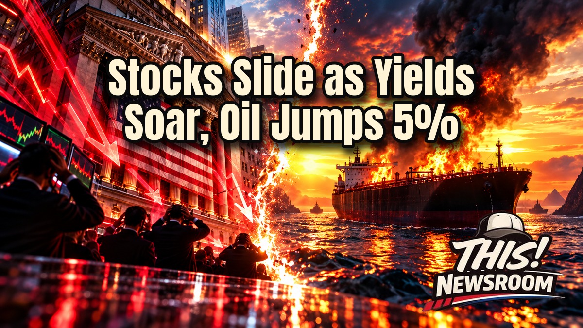 Stock market slides as Treasury yields climb and oil surges, shown as a red trading board beside a burning oil tanker