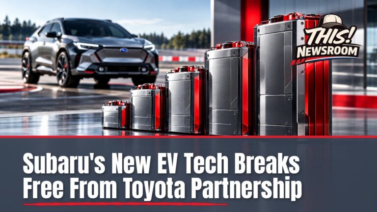 Chrome gray EV battery pack and red circuit lines on a dark test track showing Subaru in-house EV technology