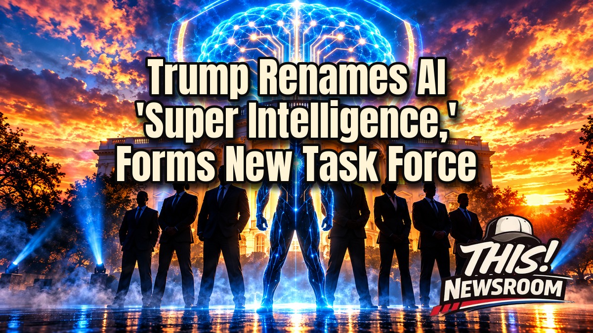 Super Intelligence Force concept: Trump at the White House with glowing AI circuitry and a quantum chip against a golden-hour sky