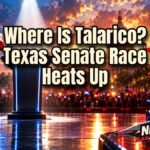 Talarico absence cinematic face-off between two Texas Senate candidates under stage spotlights before the Texas Capitol at sunset