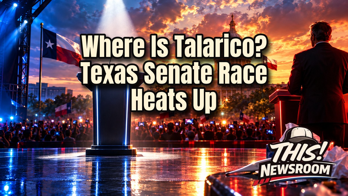 Talarico absence cinematic face-off between two Texas Senate candidates under stage spotlights before the Texas Capitol at sunset