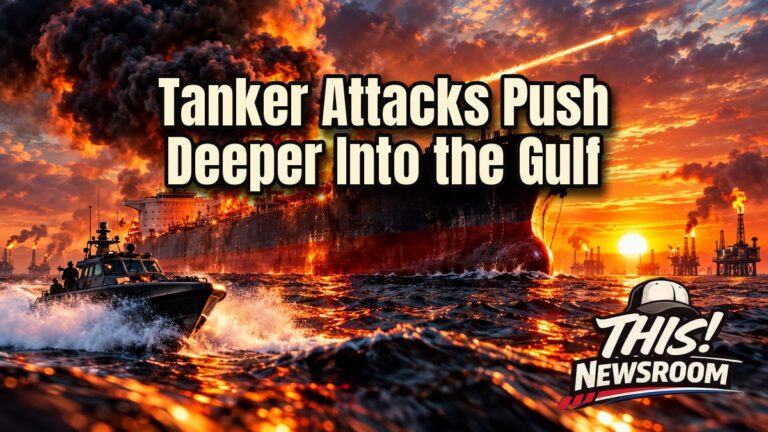 Oil tanker burning at sea in the Persian Gulf at sunset during tanker attacks that rattled oil markets