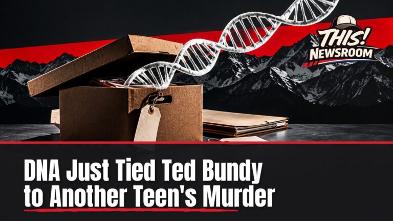 Ted Bundy DNA evidence concept: a sealed forensic evidence box and DNA strand in bold charcoal and red editorial illustration