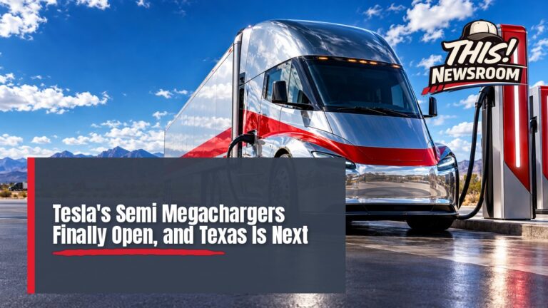 Tesla Megacharger stalls charging an electric Semi truck at a Pilot truck stop