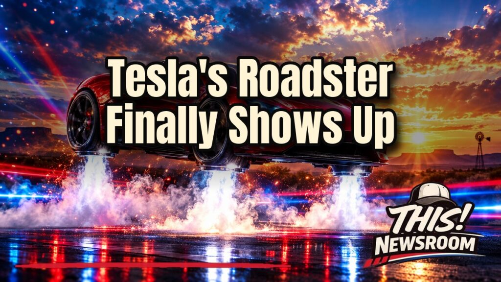 Tesla Roadster hypercar glowing on an outdoor Texas stage at dusk before its long-delayed unveil
