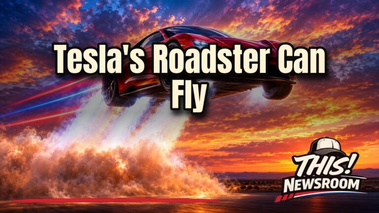 Tesla Roadster launching off a ramp over parked Tesla vehicles at its Texas unveiling event