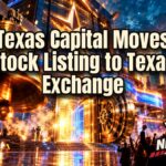 Texas Stock Exchange trading floor scene with Texas Capital Bancshares ticker glowing against a Dallas skyline at golden hour