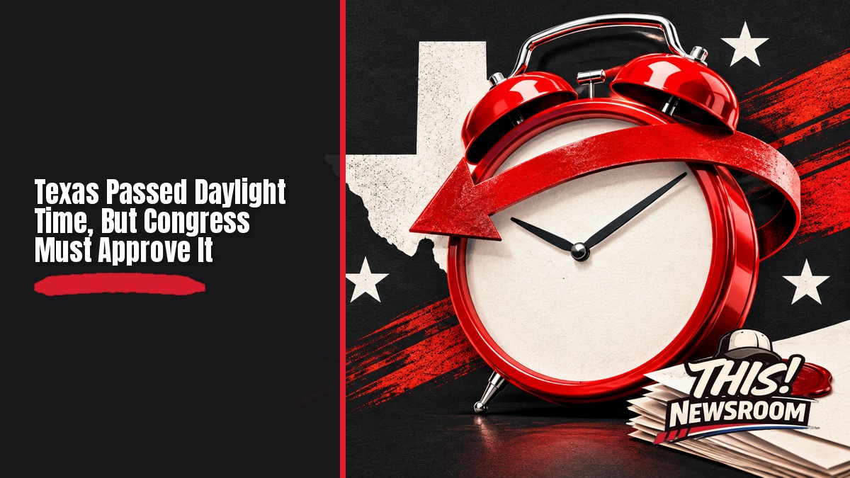 Texas daylight saving time: bold illustration of a clock face shaped like the state of Texas turning back one hour