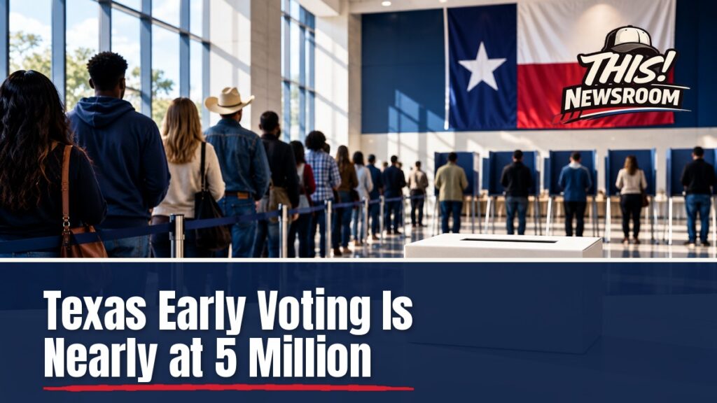 Texas early voting turnout shown by voters lined up inside a busy Texas polling place under a state flag