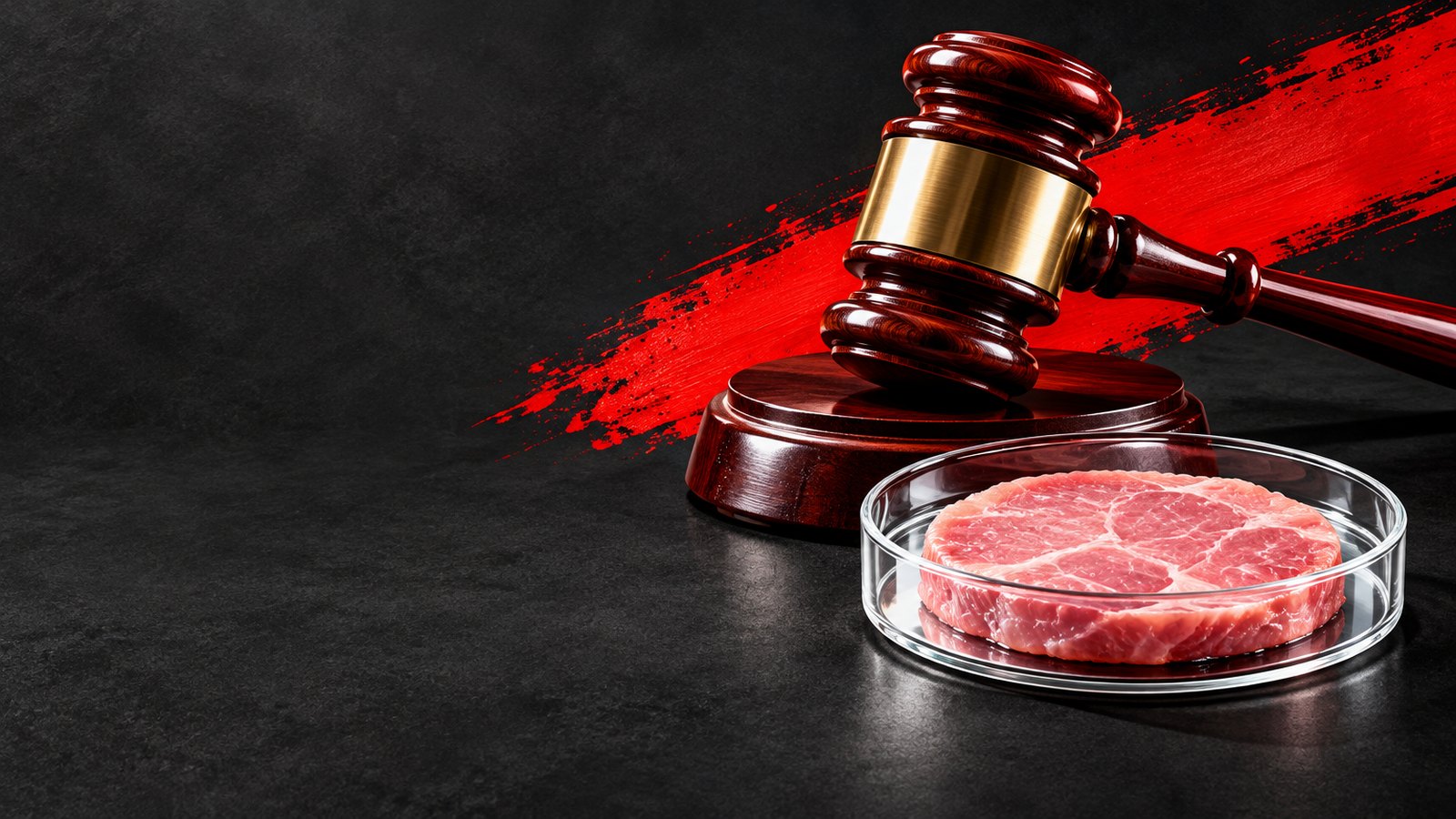 Illustration of a judge's gavel beside a petri dish of pink cultured meat on a charcoal background with a red brush stroke