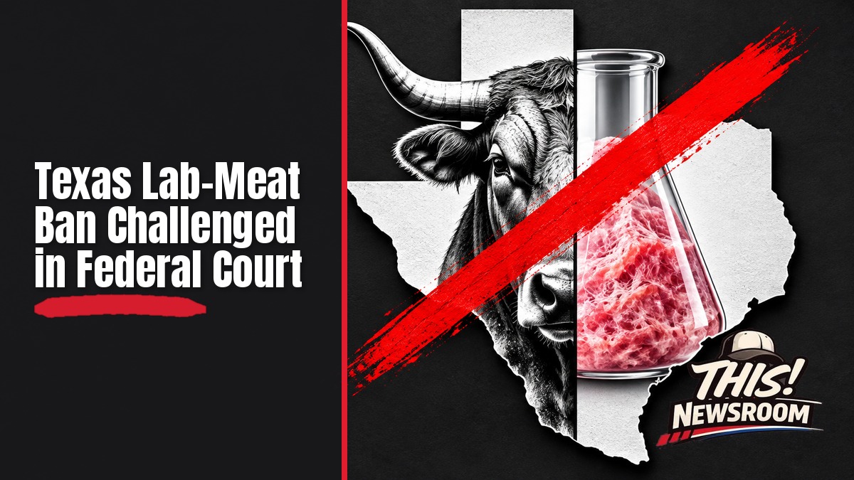 Editorial illustration of a Texas outline split between a cattle steer and a lab flask, representing the Texas lab-grown meat ban