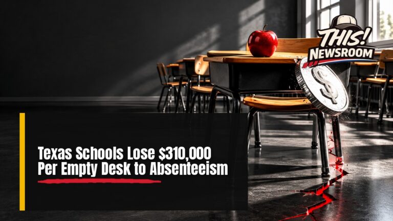 Bold illustration of an empty school desk and a red dollar sign representing Texas school absenteeism costs