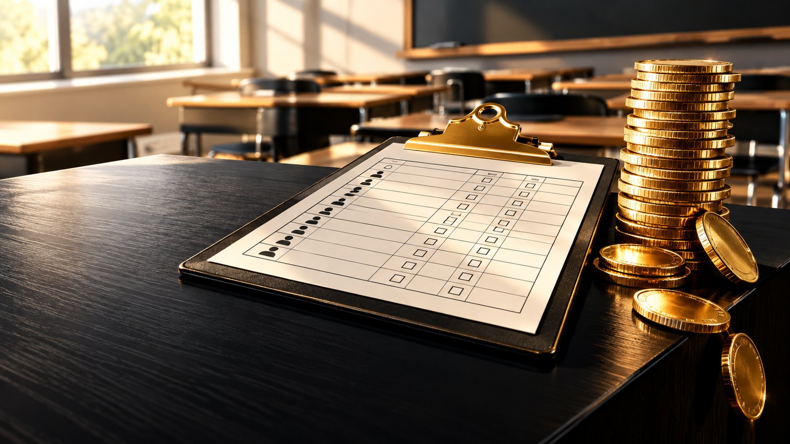 Illustration of gold coins tipping off a black school desk beside an attendance sheet