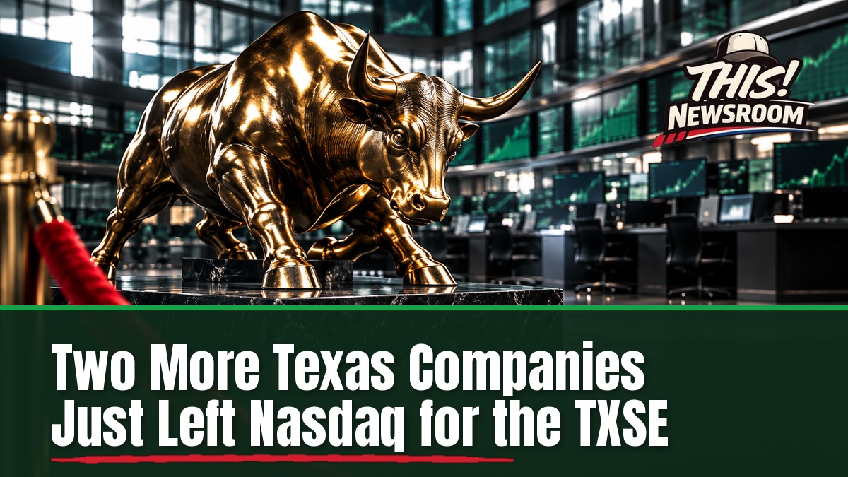 Texas Stock Exchange listing: a brass bull on a polished trading floor beside a blank stock ticker board