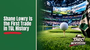 Golf ball on a turf green platform with a trade-arrow board, illustrating the TGL first trade of Shane Lowry