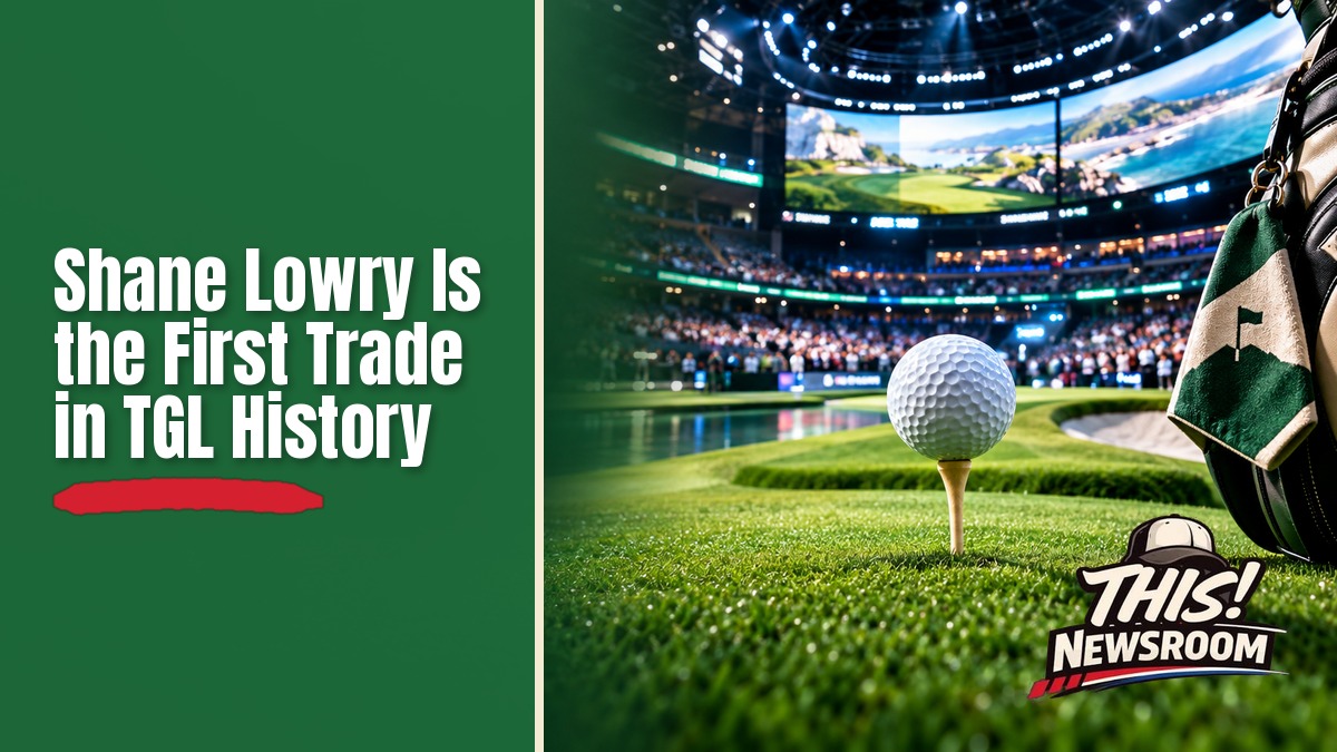 Golf ball on a turf green platform with a trade-arrow board, illustrating the TGL first trade of Shane Lowry