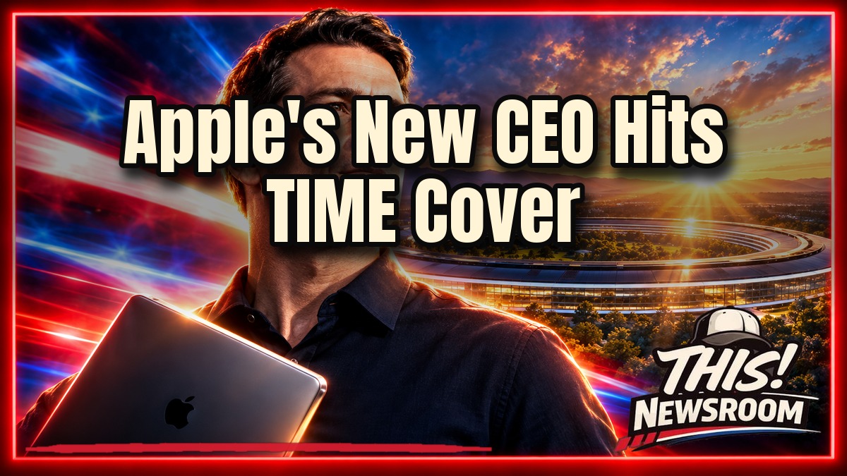 TIME Best Inventions 2026 cover scene with Apple CEO John Ternus and a glowing foldable iPhone Duo