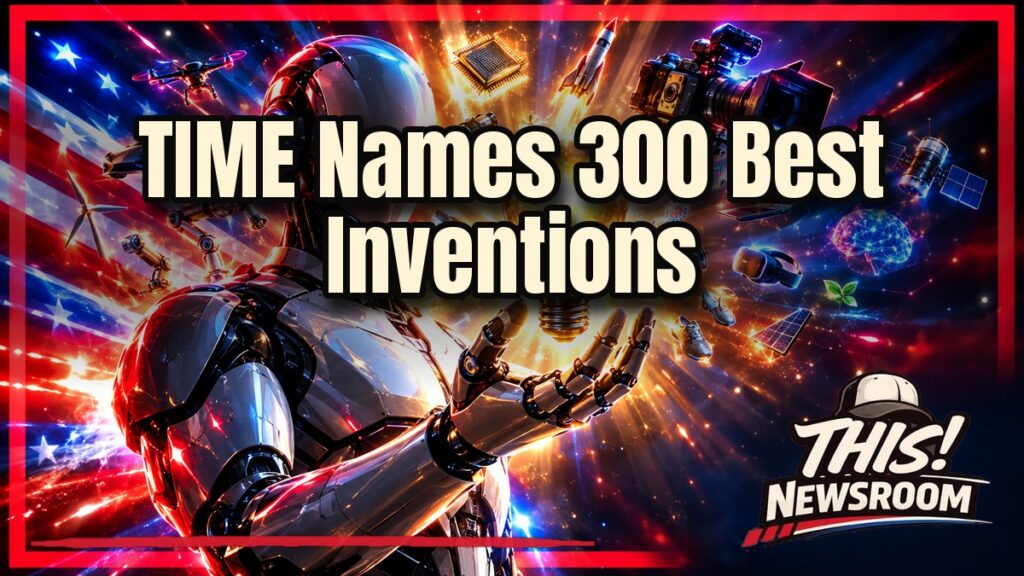 Futuristic collage of inventions from TIME's best inventions of 2026 list including a robot, camera and telescope