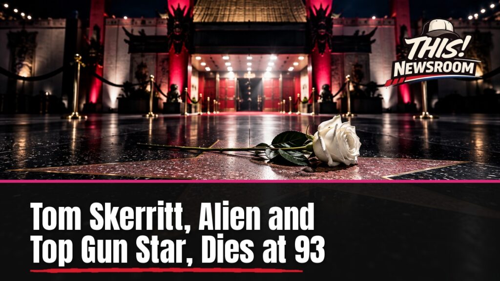 Tom Skerritt death: a lit Hollywood movie theater marquee at night, remembering the Alien and Top Gun actor