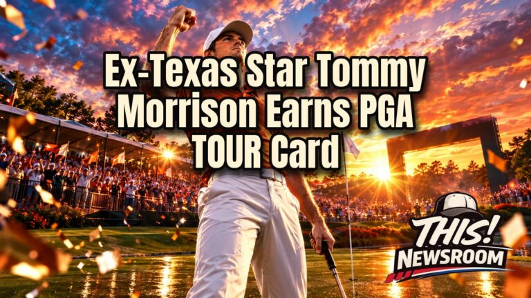 Tommy Morrison PGA TOUR card celebration, a tall golfer in burnt orange raising his arms on a sunset fairway