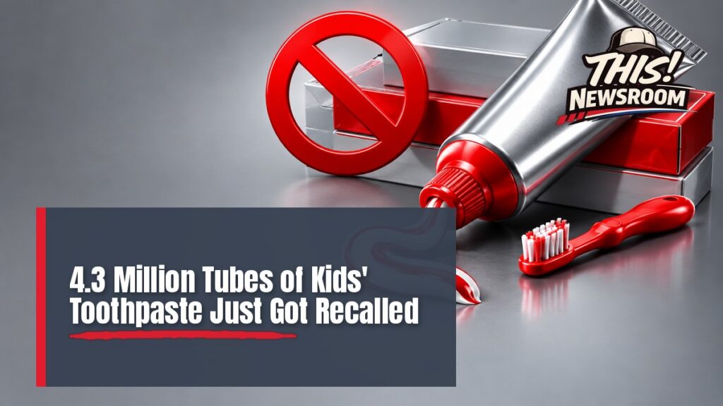 Colorful kids' toothpaste tubes lined up in an illustrated bathroom scene for the toothpaste recall