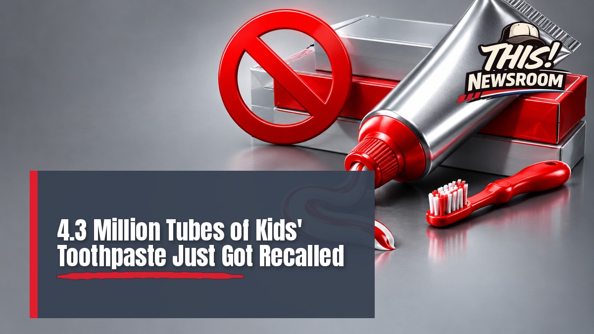 Colorful kids' toothpaste tubes lined up in an illustrated bathroom scene for the toothpaste recall