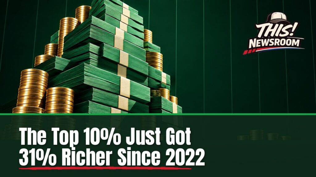 Illustration of a tall stack of green dollar bills towering over small stacks, showing the top 10% net worth gap