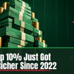 Illustration of a tall stack of green dollar bills towering over small stacks, showing the top 10% net worth gap