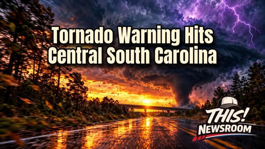 Dark tornado warning storm over South Carolina highway with lightning and rotating clouds at dusk
