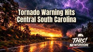 Dark tornado warning storm over South Carolina highway with lightning and rotating clouds at dusk