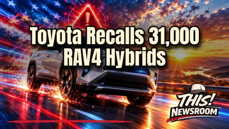 Toyota RAV4 Plug-in Hybrid recall: a white RAV4 SUV driving on a highway at sunset with a glowing warning light