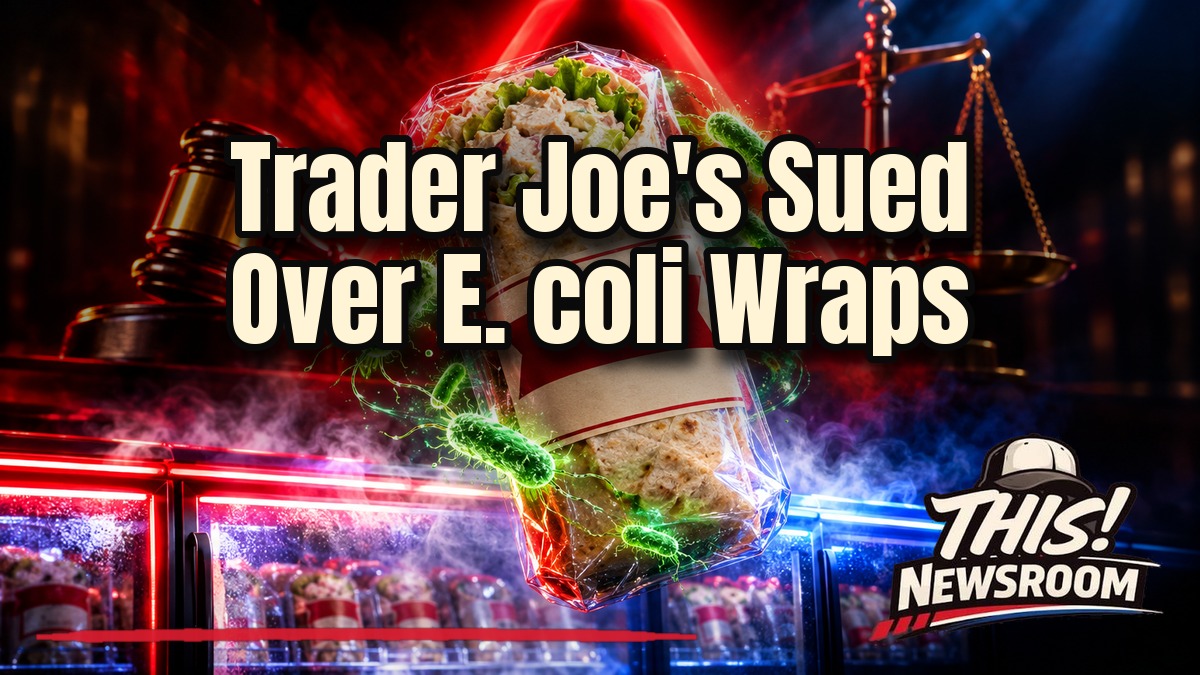 Trader Joe's E. coli lawsuit: a glowing red-and-blue alarm over a refrigerated grocery case of chicken salad wraps