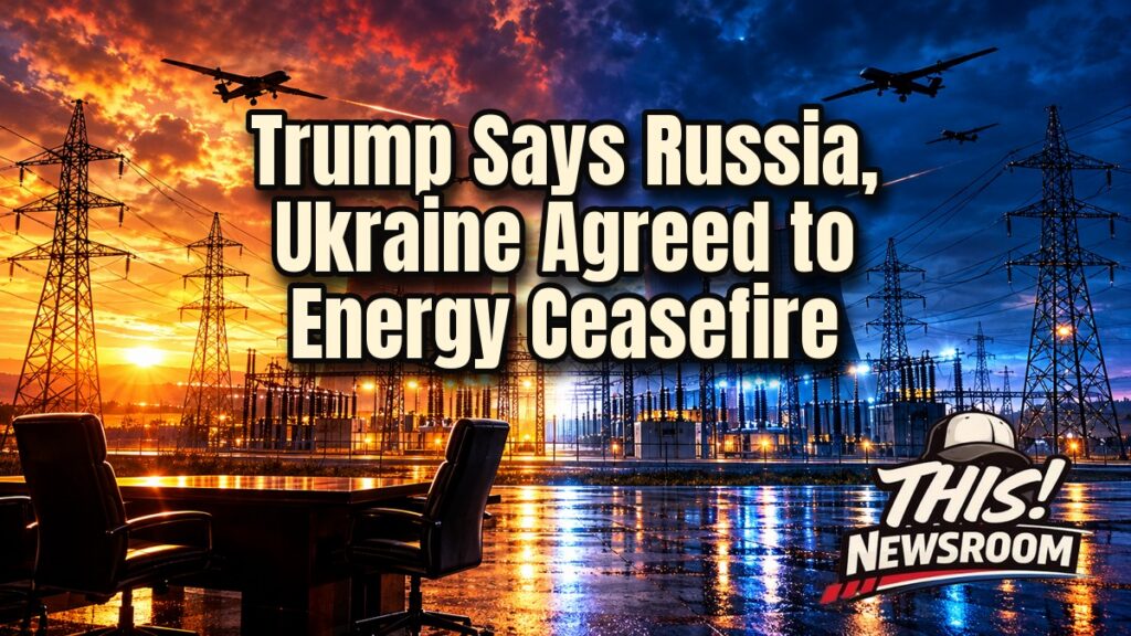 Energy ceasefire stakes: Trump and Zelensky face off in front of a Ukrainian power plant under a stormy dusk sky