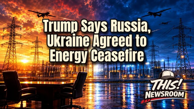 Energy ceasefire stakes: Trump and Zelensky face off in front of a Ukrainian power plant under a stormy dusk sky