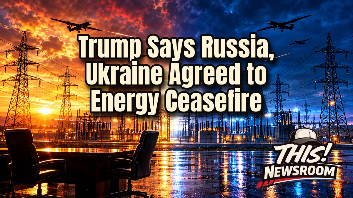 Energy ceasefire stakes: Trump and Zelensky face off in front of a Ukrainian power plant under a stormy dusk sky