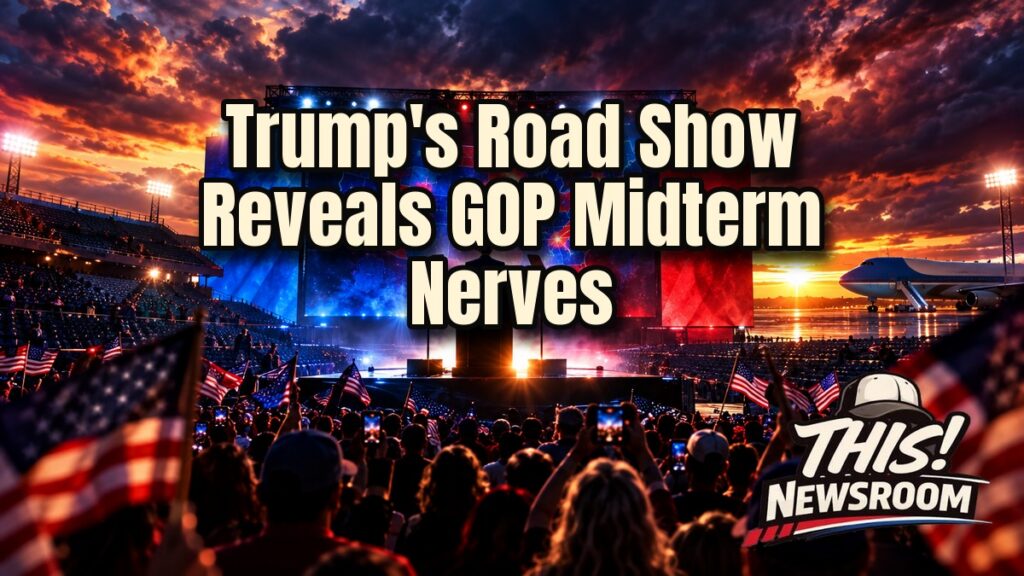 Trump midterm road show rally with a roaring crowd under stage spotlights at golden hour