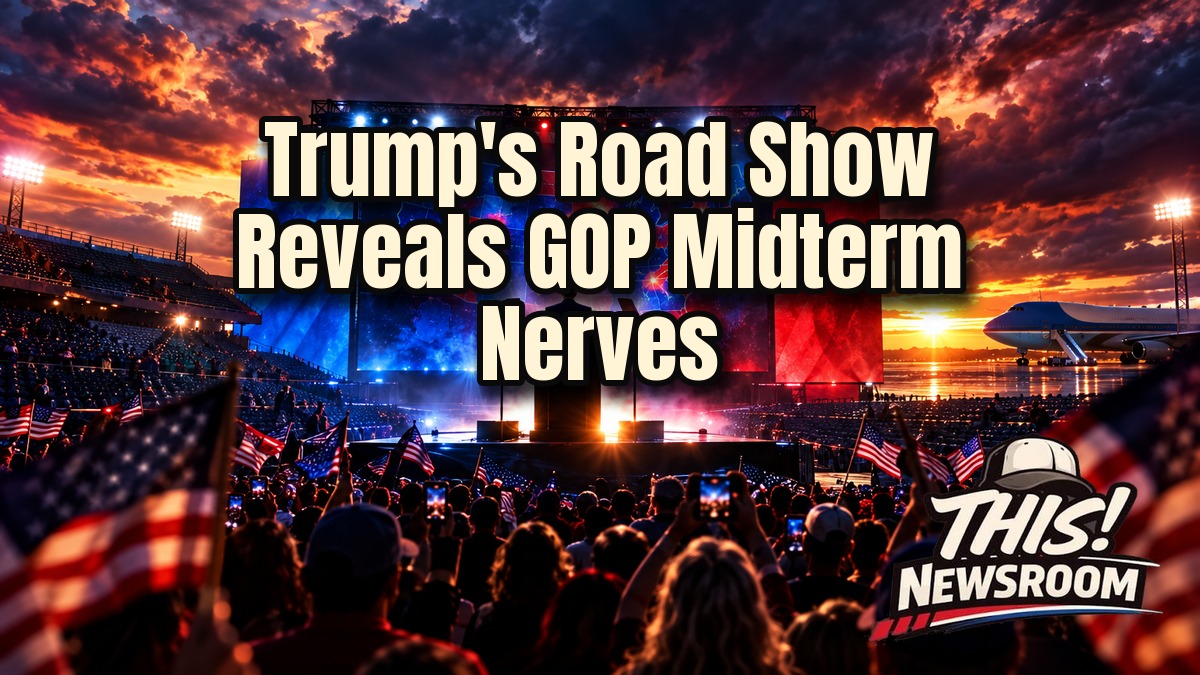 Trump midterm road show rally with a roaring crowd under stage spotlights at golden hour