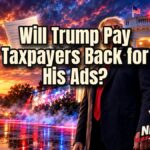Stylized portrait illustration of Trump at the White House for a Trump reimbursement story on taxpayer-funded ads