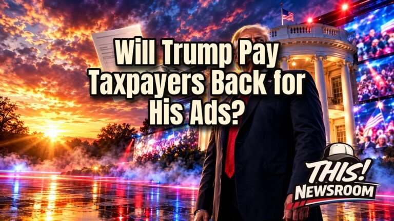 Stylized portrait illustration of Trump at the White House for a Trump reimbursement story on taxpayer-funded ads