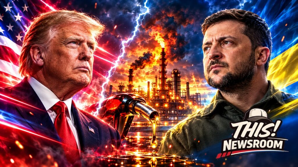 Trump Zelenskiy rift shown as the two leaders facing off in front of a Russian refinery and Ukrainian flag