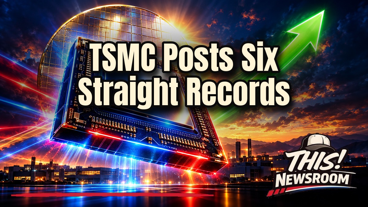 Glowing TSMC-style silicon wafer and AI chip with rising green arrows illustrating TSMC record profit