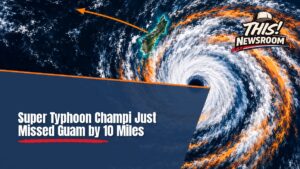 Illustration of Typhoon Champi, a super typhoon with a clear eye, swirling just south of Guam to show the Typhoon Champi Guam near miss
