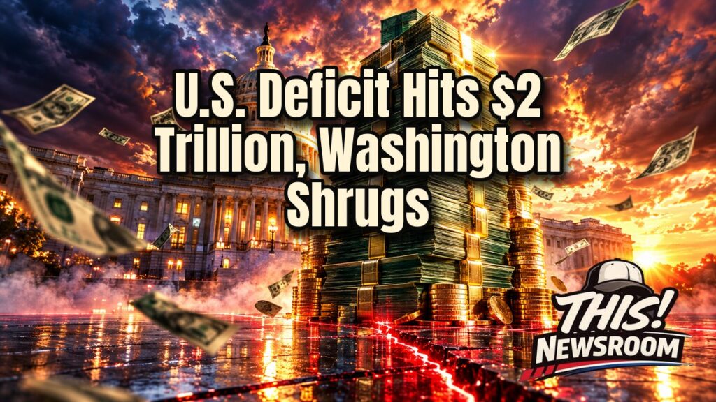 Cinematic illustration of the US budget deficit, a glowing $2 trillion stack of cash in front of the Capitol dome at sunset