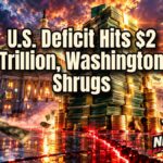 Cinematic illustration of the US budget deficit, a glowing $2 trillion stack of cash in front of the Capitol dome at sunset