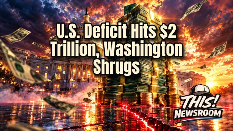 Cinematic illustration of the US budget deficit, a glowing $2 trillion stack of cash in front of the Capitol dome at sunset